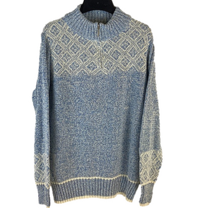 Fair Isle Sweater Baby Blue & Ivory 1/4 Zip Pullover Cotton Country Aprés Large